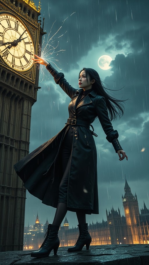 A cinematic shot of an East Asian woman in a long black coat reaching toward the illuminated clock face of Big Ben during a rainy London night, with sparks flying from her hand under a full moon.