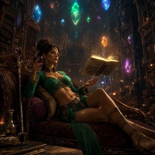 The Sorceress from Diablo 2 lounges on an ornate couch in a magical library, holding a wine glass and looking at a floating open book surrounded by glowing gems.