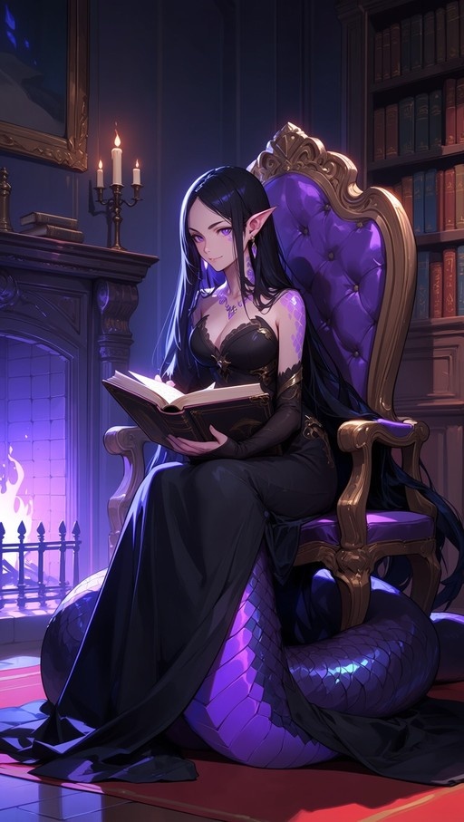 A purple-eyed lamia with a snake tail sits in an armchair reading a book by a fireplace.