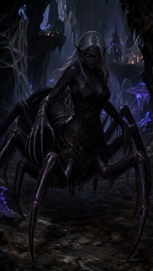 A digital illustration of a dark-skinned female drider with long white hair and glowing red eyes, featuring a giant spider lower body and wearing tattered black clothing in a dimly lit cave.