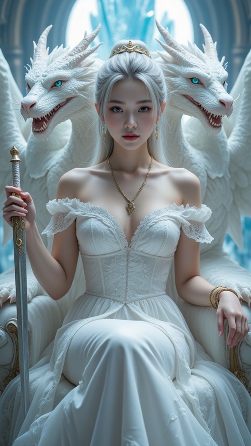 A silver-haired woman in a white lace gown sits on a throne holding a sword, flanked by two large white dragons with glowing blue eyes.