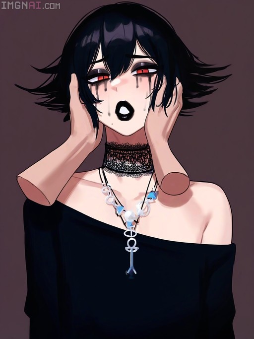 Crying anime boy with short black hair, red eyes, and heavy black makeup running down his cheeks, wearing a lace choker and held by disembodied hands.