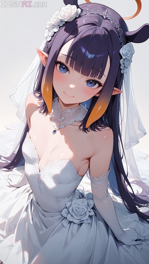 Ninomae Ina'nis in a white wedding dress with a veil and floral headpiece.