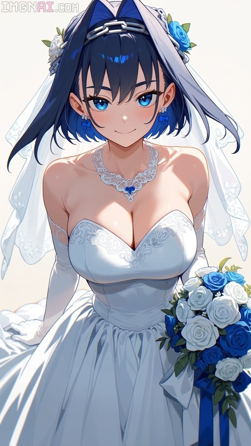 Ouro Kronii in a white wedding dress holding a bouquet of blue and white roses