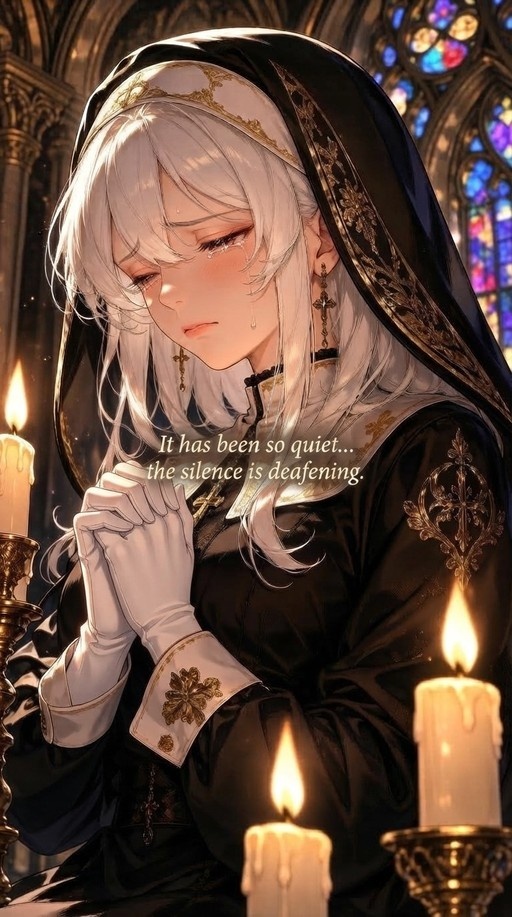 A white-haired nun in a black habit cries while praying with hands clasped, surrounded by lit candles and stained glass.