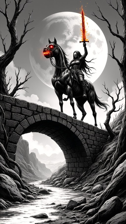 An armored warrior rides a skeletal horse with glowing red eyes across a stone bridge under a full moon while holding a flaming sword.