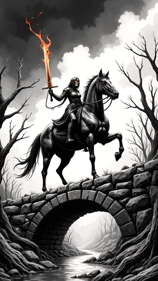 A manga-style illustration of an armored female warrior riding a black horse across a stone bridge while holding a flaming sword.