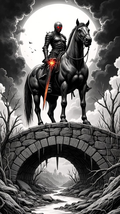 A high-contrast black and white manga-style illustration of an armored knight with glowing red eyes riding a horse across a stone bridge under a full moon while holding a flaming sword.