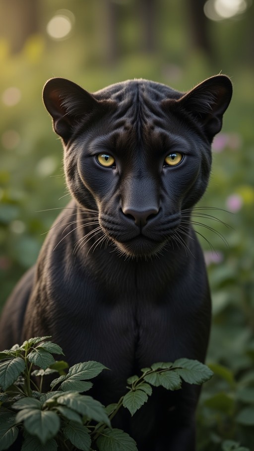 A close-up portrait of a black panther with bright yellow eyes looking forward amidst green leaves.