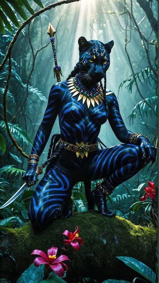 Anthropomorphic Panther Woman with blue striped skin crouching in a sunlit jungle holding a knife.