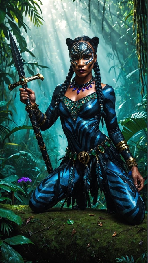 A fierce Panther Woman with gold face paint and cat ears kneels in a jungle holding an ornate dagger.