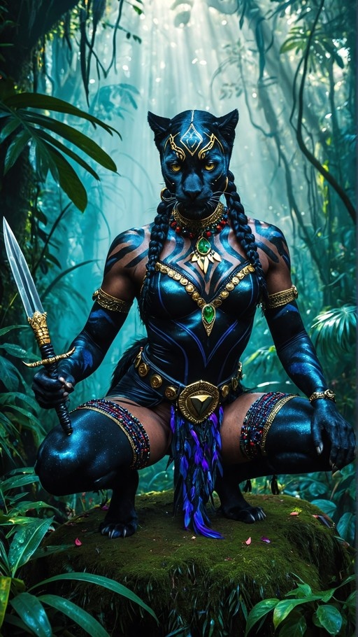 An anthropomorphic panther woman with dark skin and golden eyes crouches on a mossy rock in a jungle, holding a dagger and wearing ornate gold jewelry.