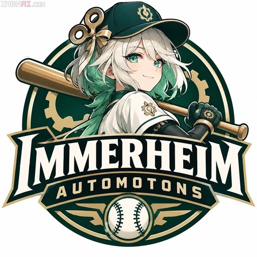 Cecilia Immergreen posing with a baseball bat inside an Immerheim Automotons team logo.