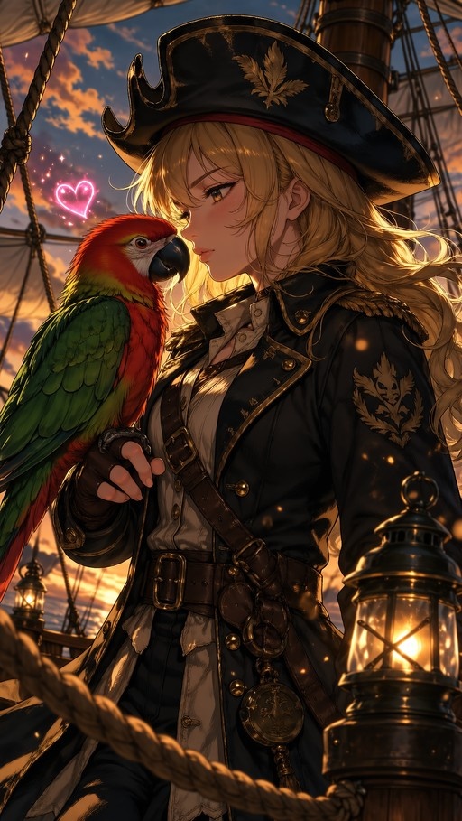 A blonde female pirate captain in a black coat and tricorn hat leans in to kiss a colorful parrot on her arm as a pink heart glows in the twilight sky above them.