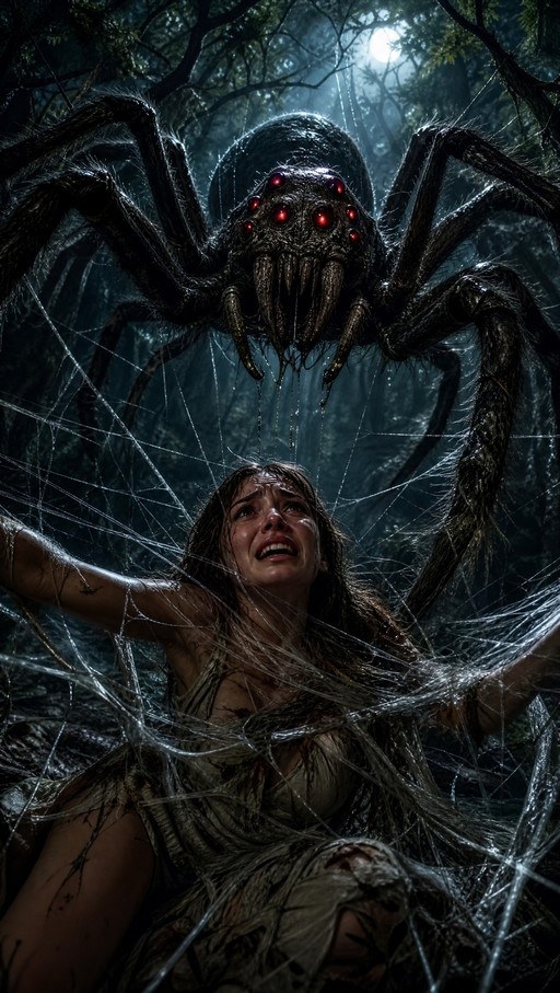 A terrified young woman in a torn dress is entangled in thick silver silk threads as a colossal monster spider with glowing red eyes and dripping fangs descends from the misty forest canopy above under moonlight.