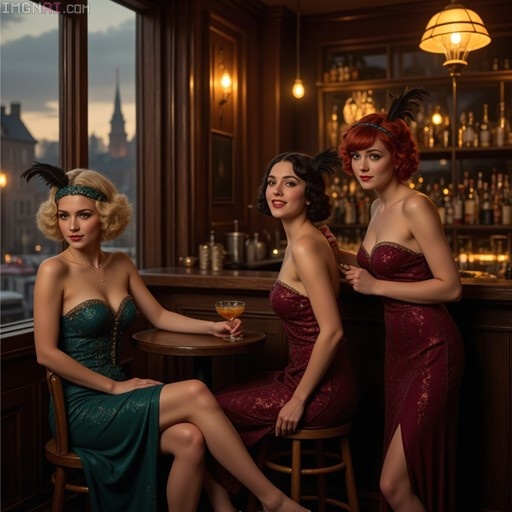Three women in 1920s flapper dresses sitting and standing in a dimly lit bar with a city view through the window.