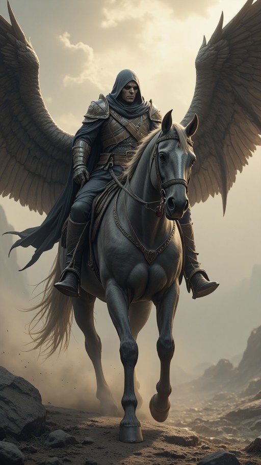 A hooded armored figure with large feathered wings rides a pale grey horse across a rocky landscape in a detailed fantasy art style.