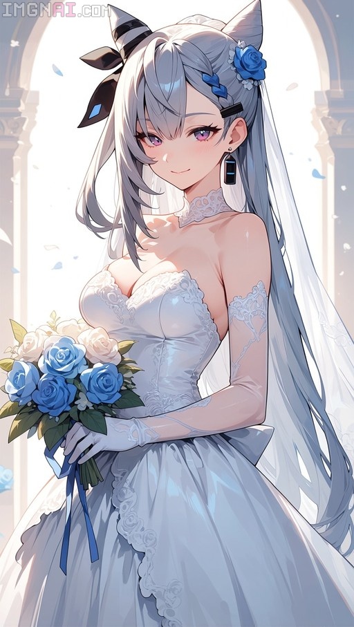 Vestia Zeta in a white wedding dress holding a bouquet of blue and white roses.