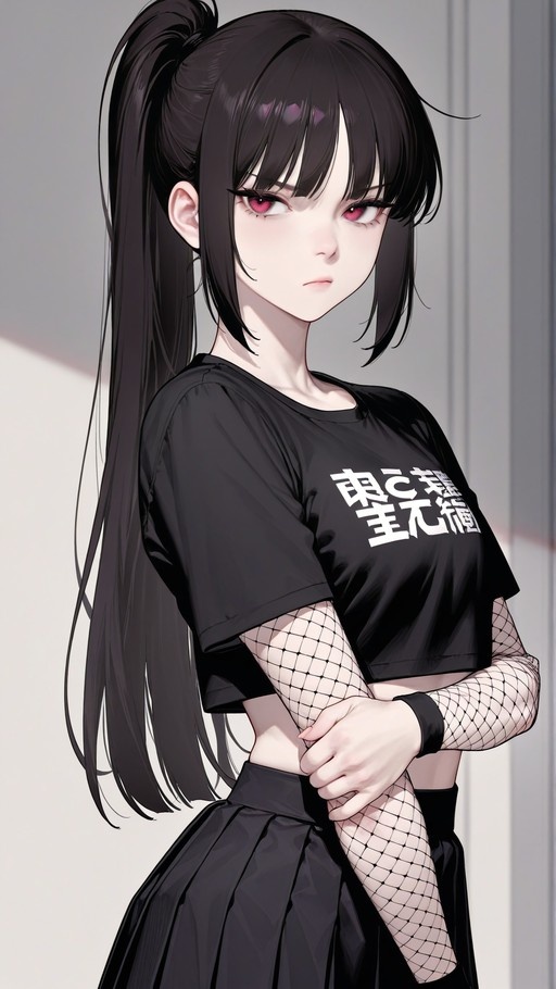 Sam Manson from Beetlejuice Beetlejuice with long black ponytail and red eyes wears a black crop top with white text and fishnet sleeves.