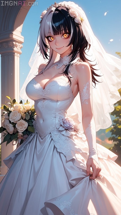Shiori Novella in a white wedding dress holding a bouquet of flowers.