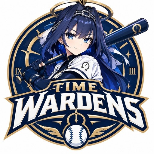 Ouro Kronii holding a baseball bat in front of a Time Wardens logo with a clock background.