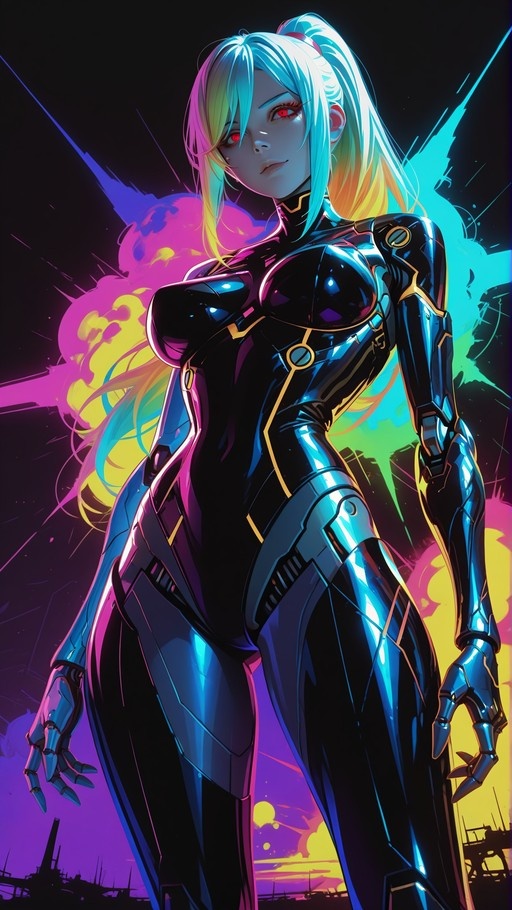 Samus Aran as a cyborg with mechanical arms and rainbow hair in a black bodysuit against an explosion background.