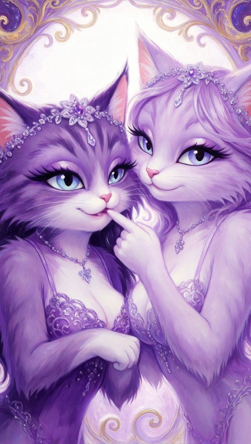 Two purple anthropomorphic cat girls with blue eyes and tiaras posing closely together in a playful manner.