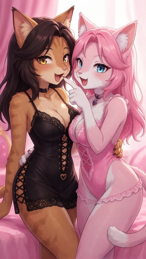 Two anthropomorphic cat girls standing close together; one with pink hair boops the other's nose playfully while wearing a pink leotard and black corset respectively.
