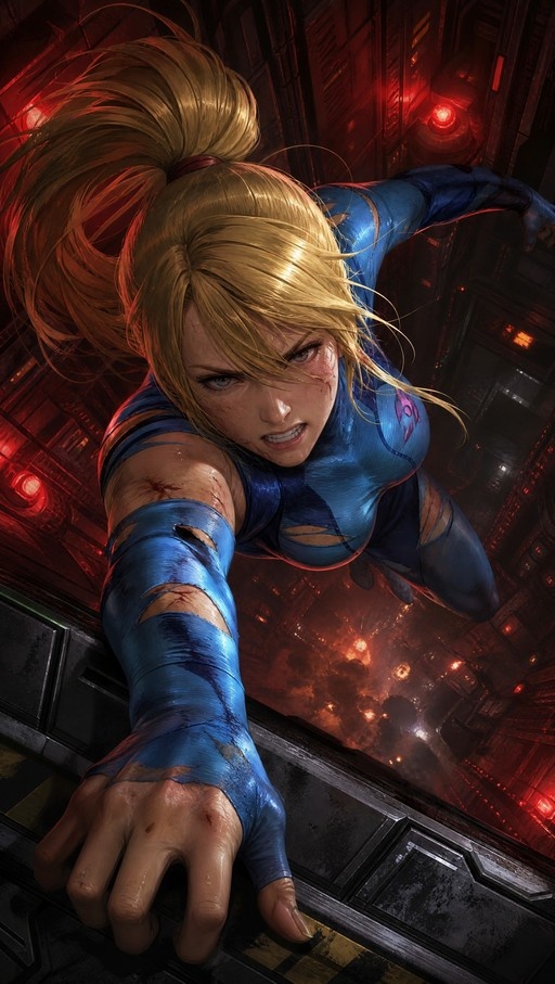 Samus Aran in a torn blue bodysuit clinging to a ledge, looking down with an intense expression amidst red lighting and explosions.