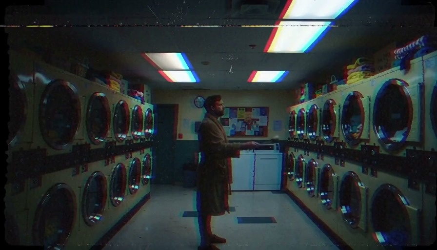 A bearded man in a brown bathrobe stands in a laundromat holding a wooden spoon, looking into an open washing machine that reveals a galaxy inside with floating socks.