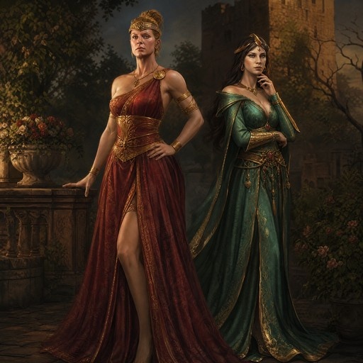 A digital painting of the Diablo 2 Amazon and Sorceress standing side by side in elegant red and green gowns adorned with gold jewelry.