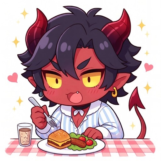 A cute chibi demon boy with red skin and black hair eats a burger and sausage at a table.