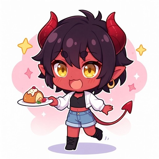 A cute chibi demon girl with red skin and horns holds a plate of food while smiling against a pink background.