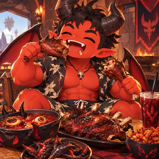 A muscular red-skinned chibi demon boy with large black horns and wings happily eats ribs while sitting at a table filled with a demonic feast including eyeball soup.