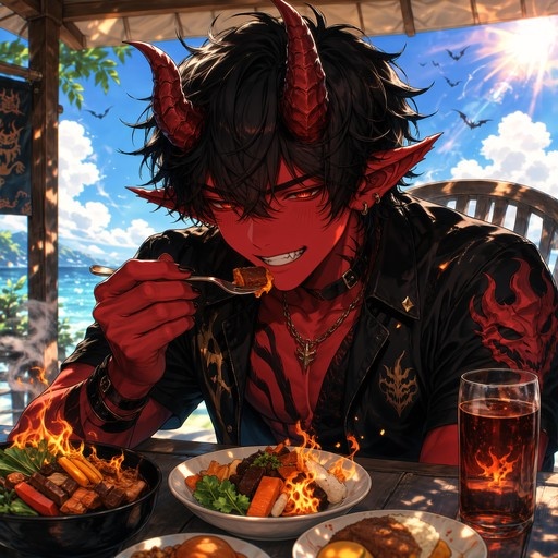 A red-skinned male demon with large horns and pointed ears sits at an outdoor table by the sea, smiling as he eats a bowl of curry rice topped with flames.