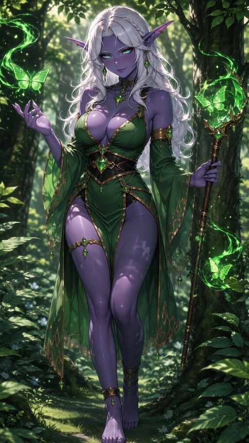 A full-body portrait of a purple-skinned female elf with long white hair and pointed ears, wearing a green dress and holding a staff in a forest.