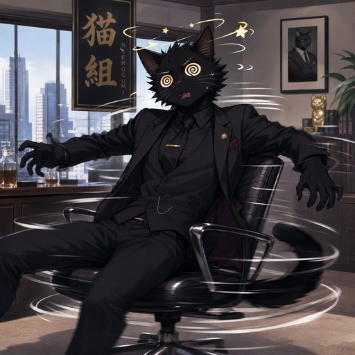 A black anthropomorphic cat man in a formal suit spins dizzily in an office chair with stars circling his head.