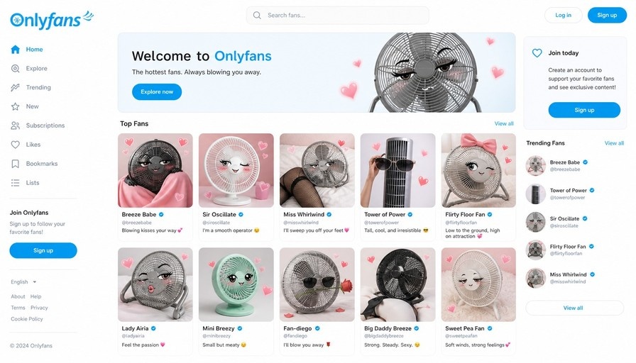Screenshot of a parody OnlyFans website featuring anthropomorphic electric fans with cute faces and accessories in flirty poses.