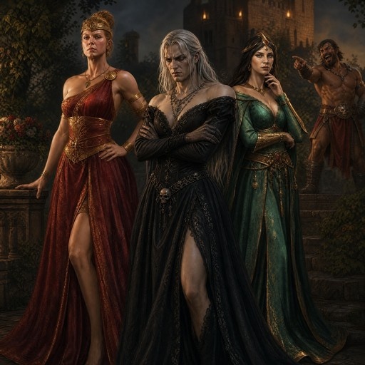 A male Necromancer in a black dress stands between an Amazon and a Sorceress while a Barbarian laughs in the background.