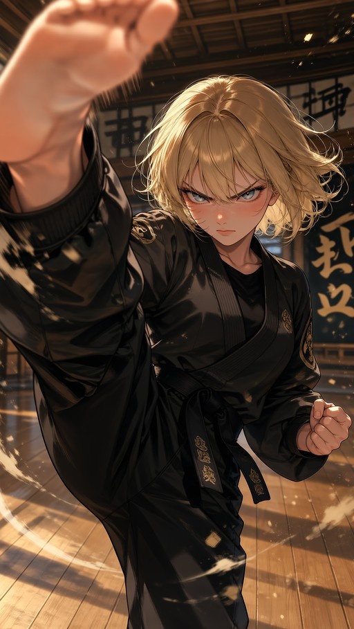 Blonde anime girl in black martial arts uniform striking forward in a dojo with wooden floors.