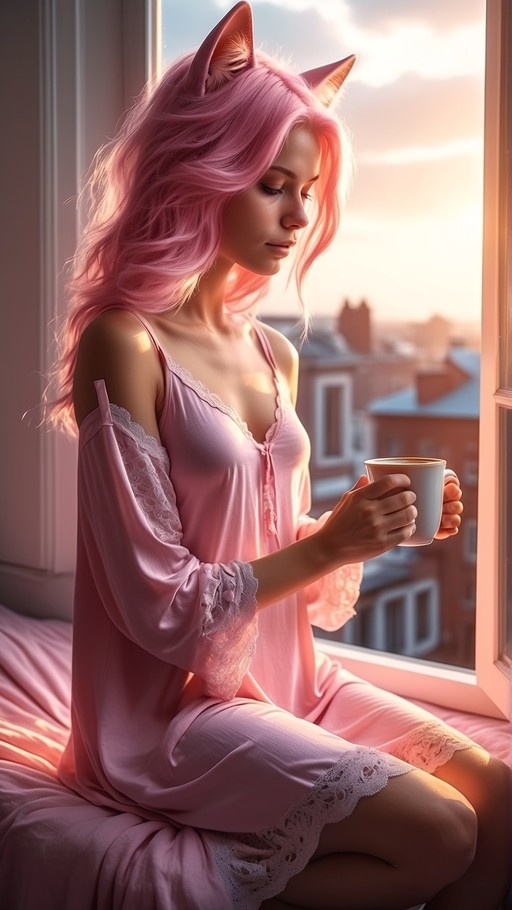 Pink-haired cat girl in pink lace sleepwear holding a mug of coffee by a sunlit window.