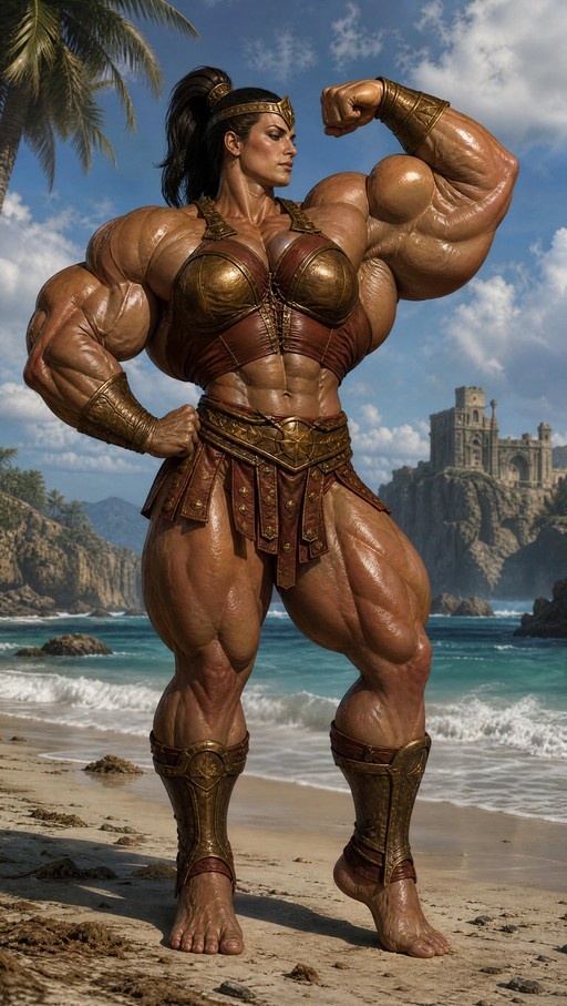 A hyper-muscular Amazon warrior with dark skin and black hair flexes her massive biceps while standing barefoot on a sandy beach, wearing ornate golden armor.