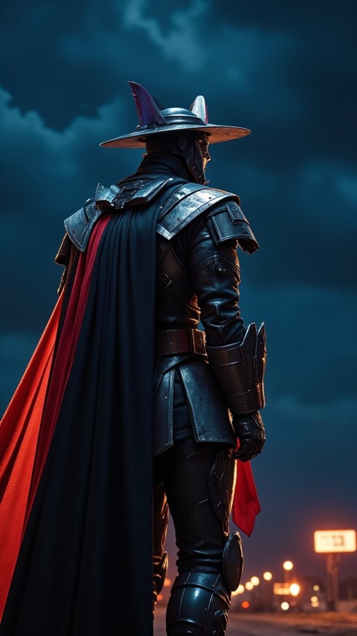 Cinematic shot of Starscream standing at night in black armor and a two-toned cape with city lights in the background.