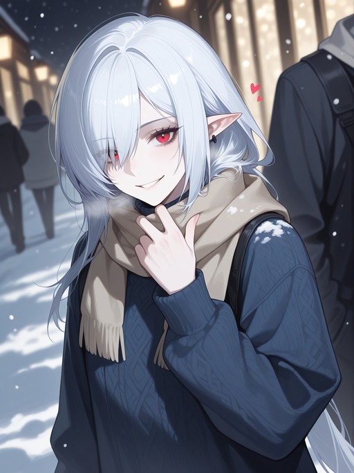 An anime-style illustration of Gladiia from Arknights with white hair and red eyes, wearing a blue sweater and beige scarf in a snowy setting.