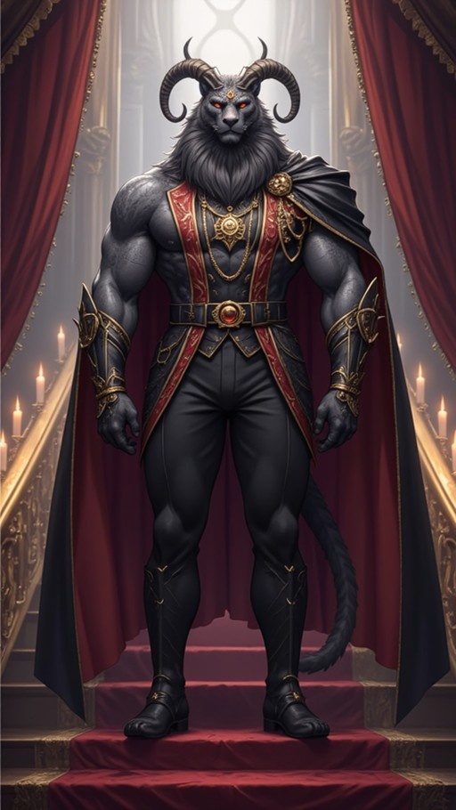 A tall, muscular anthropomorphic cat-lion hybrid with dark grey fur and large curved horns stands on a grand staircase wearing ornate black and gold imperial attire with a red sash.