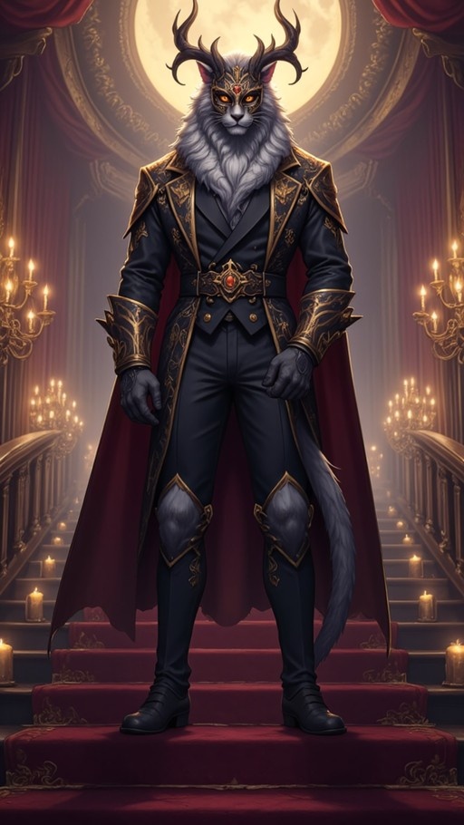 An illustration of an anthropomorphic grey cat-chimera named Trihex standing on a staircase in a grand hall, wearing ornate black and gold armor with a red cape and a decorative mask.