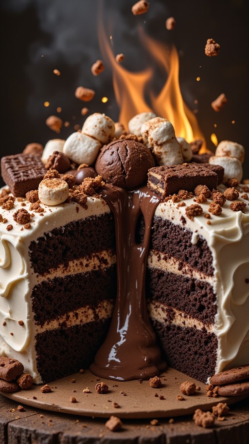A close-up of a large chocolate layer cake with white frosting and a slice removed to reveal thick flowing chocolate fudge, topped with toasted marshmallows and brownies.