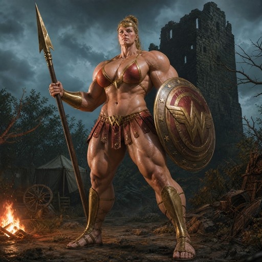 A huge muscular blonde woman dressed as an Amazon warrior stands holding a spear and round shield. She wears a red bikini top, miniskirt, and golden armor with a campfire and stone ruins in the background.