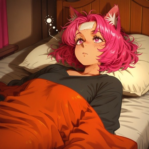 Anime girl with pink hair and animal ears lying in bed under an orange blanket with a bandage on her forehead.
