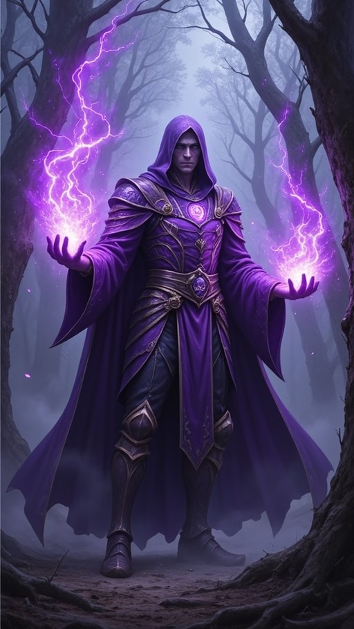 A male sorcerer in ornate purple armor and a hood stands in a misty forest, channeling crackling purple lightning from both hands.